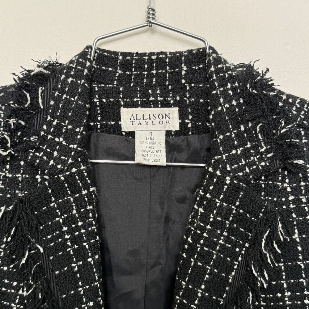 Allison Taylor Black White Tweed‎ Fringe Blazer Jacket Women Size 8 Black
